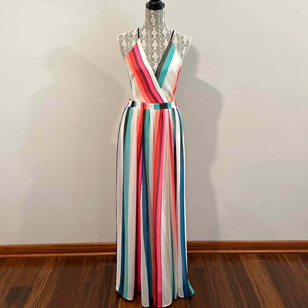 EXPRESS STRIPED MAXI DRESS WITH SIDE CUTOUTS AND BACK LACE DETAILS